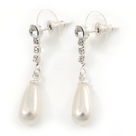 Clear Crystal Faux Pearl Drop Earrings/Silver Plating/ 30mm L