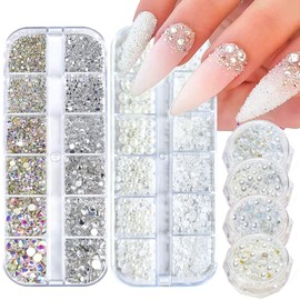 SILPECWEE 6 Boxes Flat-back Rhinestones and Pearls, 3D Nail Charms for Acrylics Nails, Clear&AB Crystals, Half Rounds Nail Pearl, Mermaid Beads, Metal Caviar Beads, Nail Art Decoration Supplies