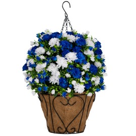Sympathy Silks Artificial Flowers - Blue and White Garden Mums Hanging Basket