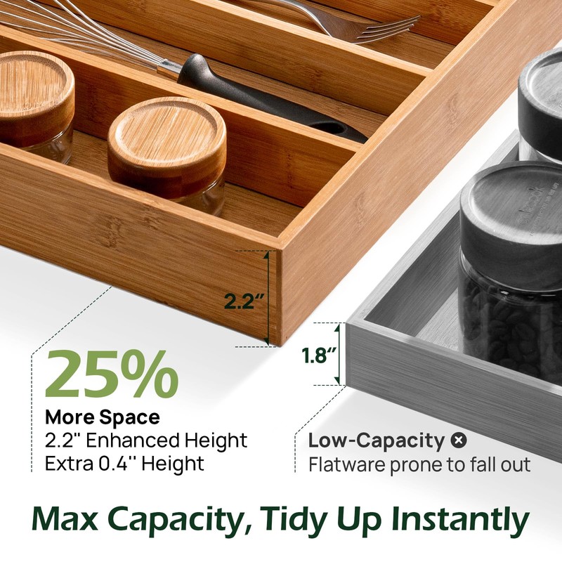 Carbonized Bamboo Kitchen Drawer Organizer, 8 Slots Silverware Organizer, Utensil