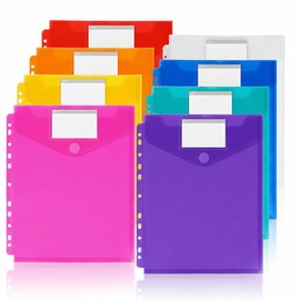Gtheimn 8 Pack Poly Binder Pockets with Hook and Loop, 11-Hole Vertical Opening Plastic Envelopes, Letter Size Waterproof Document Folders for 2/3/4 Ring Binder, 8 Assorted Colors for School Office