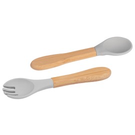 2pc Grey Bamboo Baby Weaning Fork & Spoon Set - Small Toddler Children First Self-Feeding Food Cutlery Utensils - From Tiny Dining