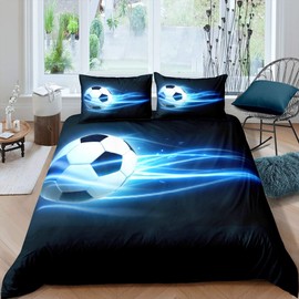Boys Football Duvet Cover Blue Flame Soccer Bedding Set for Kids Children Teens 3D Football Comforter Cover Sports Bedspread Cover 2Pcs Bedding Single