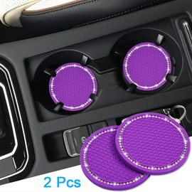 Bling Car Coasters, Wisdompro 2 Pack PVC Car Cup Holder Insert Coaster - Anti Slip Universal Vehicle Interior Accessories Crystal Glitter Cup Mats for Women and Men (2.75" Diameter, Purple)