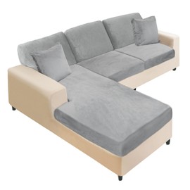 NAISI Sectional Couch Covers 6 Pieces Velvet Couch Cushion Covers L Shape Soft Stretch Sofa Slipcovers with 2pcs Pillowcases for Left/Right Chaise Sectional Couch(2 Seater+1 Chaise+3 Back,Light Grey)