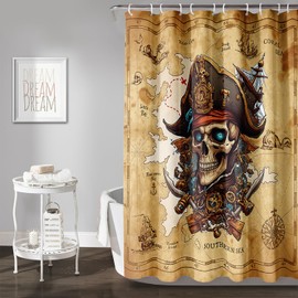 AILONEN Pirate Skull Shower Curtain for Bathroom,Vintage Ocean Nautical Bath Curtain Decoration,Pirate Captain Old Map Print Waterproof Shower Curtain with 12 Plastic Hooks, 72" W*72" H