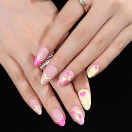Press on Nails Short Almond Fake Nails with Heart Lines Design False Nails Rose Red French Tip Nails Press ons Yellow Full Cover Acrylic Nails Cute Glue on Nails for Girls 24Pcs