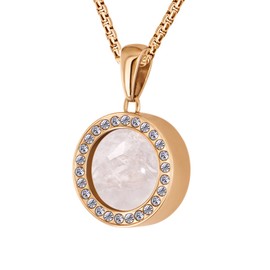 Quiges Rose Gold Stainless Steel 12mm Mini Coin Zirconia Pendant Holder and Pink Rose Quartz Stone with Box Chain Necklace 42 + 4cm Extender