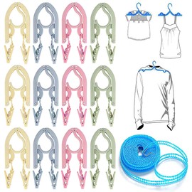 hengshao Travel Hanger, Portable Hanger, Travel, Laundry Goods, 12 Pieces, Laundry Rope, Travel Hanger Set, Foldable, Polypropylene (PP), Lightweight, For Business Trips, Easy to Dry Clothes, 4