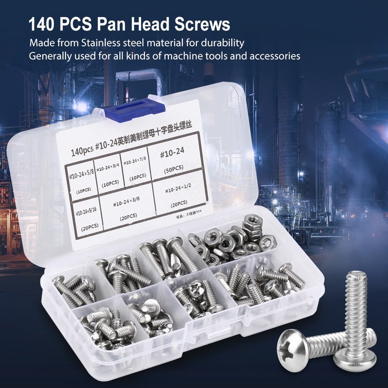 140pcs /set #10-24 Stainless Steel Cross Pan Head Screws with