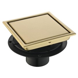 6-Inch Square Shower Drain, Brushed Gold Floor Drain with Flange, 304 Stainless Steel Bathroom 2-in-1 Tile Drain