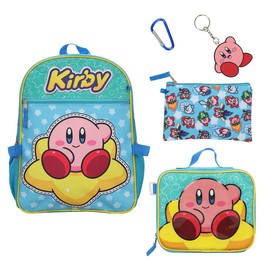 Kirby 5-Piece Set: 16 Backpack, Lunchbox, Utility Case, Rubber Keychain, and Carabiner