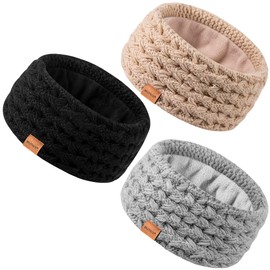 MUTKIS Winter Headbands for Women 3 Pack, Ear Warmers for Women Knit Thick Fleece Lined, Ear Muffs for Cold Weather Stocking Stuffs(Black&Beige&Light Gray)