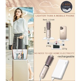 Fitdafit Cordless Hair Curling Iron Brush, 1.5" Mini Cordless Hair Curler, 3-in-1 Travel Curling Brush Hair Straightener Comb Rechargeable, 7000mAh Portable Ionic Heated Curling, Gold