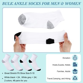 Tarpop 48 Pairs Men Quarter Ankle Socks Athletic Socks Moisture Wicking Bulk Crew Casual Sports(White with Black Heel/Toe, White with Gray Heel/Toe)