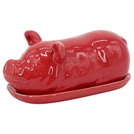 Farmyard Porky Pig Glossy Red 7 x 4 Ceramic Butter Dish With Lid