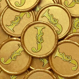 50 calcomanías de cera doradas y doradas, hechas a mano, clásico, con hojas botánicas, calcomanías adhesivas de cera para invitaciones de bodas, fiestas, sobres, papel de regalo, Navidad (inicial