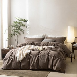 BDEAR Linen Feel Light Chocolate Brown Duvet Cover Oversized King Size 120'' W x 98'' L, 100% Washed Cotton Duvet Cover with Zipper Closure Plus 2 Pillowcases, Oeko TEX Standard Certificated