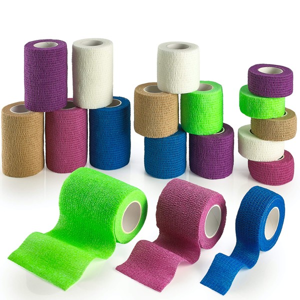 MEDca Self Adhesive Non Woven Cohesive Bandage Combo Pack 1 Inch 2 Inch and 3 inch X 5 Yards 6 of Each Size Total of 18 Rolls 'Rainbow Color"