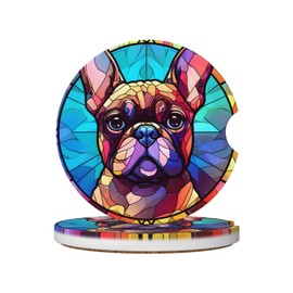 French Bulldog Stained Dog Breed Glass Art Ceramic Car Cup Holder Coasters 2 Pcs, Anti Slip Removable