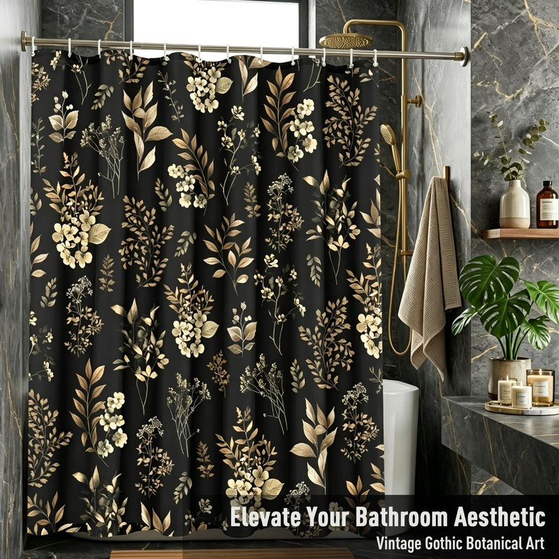 EGLGCC Vintage Floral Shower Curtain, Black Gold, 12 Hooks, 60"
