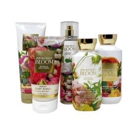 Generic Bath and Body Work Brightest Bloom - Golden Woven Basket 5 Piece Gift Set - Fragrance Mist, Body Cream, Body Wash, Body Lotion and Body Scrub