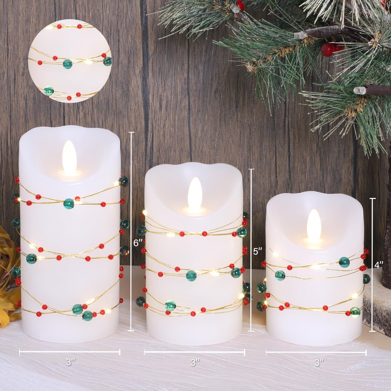 Holiday Flameless LED Candle Christmas Candles with Red Green Beads