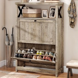 DWVO Shoe Cabinet Entryway, Slim Shoe Storage Cabinet with 2 Flip Drawers, Free Standing Hidden Narrow Shoe Rack Shoe Storage Organizer for Entryway/Hallway/Closet, Old Oak