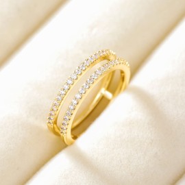 Titaniumcentral Wedding Bands for Women Half Eternity Cubic Zirconia Dainty Stackable Double Layer Promise Engagement Ring (Gold,Size V 1/2)