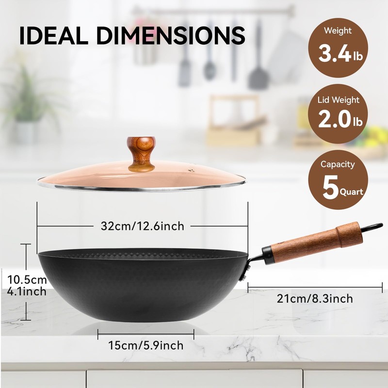 WANGYUANJI 12.6" Iron Wok with Lid, Flat Bottom Nonstick Wok