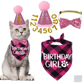 STMK Cat Birthday Party Supplies, Cat Birthday Hat with Cat Birthday Bandana Bow Tie Collar Birthday Number Cat Birthday Decorations for Cat Kitten Birthday Outfits (Pink)