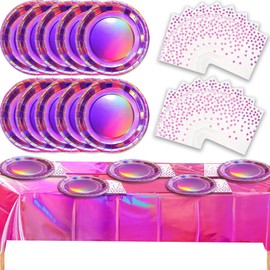 Iridescent Pink Party Decorations, Hot Pink Holographic Paper Plates and Napkins Set, Disposable Iridescent Party Supplies with Tablecloth for Pink Birthday Wedding Party, Serve 20
