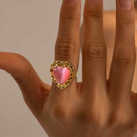 Vintage Geometry Statement Ring for Women Hearts Oval Shell Stone Thick Chunky Adjustable Open Band Rings Engagement Promsie Finger Bands Jewelry (Style 1, Pink)