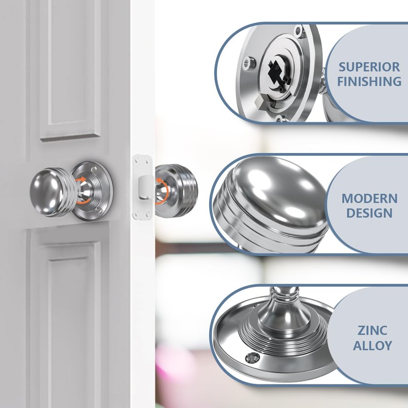 Bwintech 1 Set Ringed Mortice Door Knobs,Chrome Finishing Pull Door