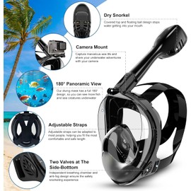 IGGDOQI 180°Full Face Snorkel Mask, Diving Mask, Professional Snorkel Set, Perfect Snorkeling Gear for Adults Teen Kids with Camera Mount, Safe Free Breathing, Anti Fog & Leak (Black-L/XL)