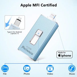 Patianco Apple MFi Certified 512GB iPhone/iPad USB Flash Drive, Lightning Connector, USB 3.0, 100/625 MB/s Read/Write, Portable Photo Stick for iPhone/iPad/Computer, Blue