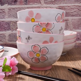 Japanese Rice Bowls Ceramic Asian Small Bowls 4.5 Inch Red Plum Sushi Bowls Set of 4