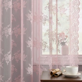 Kotile Pink Lace Curtains 45 Inch Length, Vintage Floral Embroidered Short Lace Cafe Curtains for Small Windows, Rod Pocket Privacy Sheer Lace Curtain 2 Panels Set, Each 52 x 45 Inch, Pink