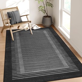 Wonnitar Washable Striped 5x7 Area Rug, Non-Slip Black Berber Stripe Rugs for Living Room, Low Pile Minimalist Floor Carpet Rugs for Bedroom Dining Room Home Office (Black,5' x 7')