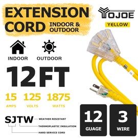 YOJOE 12 Foot Yellow Extension Cord,Lighted Outdoor 12/3 Cord with 3 Power Outlets,12 Gauge 3 Prong SJTW Heavy Duty Extension Cable with 3 Prong Grounded Plug for Safety,UL Listed