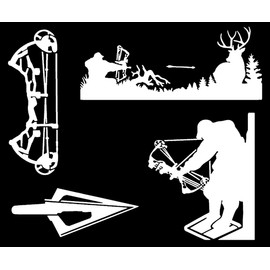 Bow Hunting Decal 4 Pack: Compound Bow, Tree Stand, Arrow Head, Hunting Scene Decals (Large ~5", White)