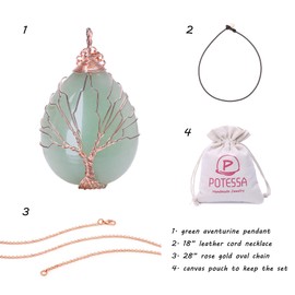 POTESSA Natural Green Aventurine Necklace Healing Crystal Pendant Choker Necklace with Black Leather Rope