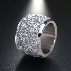 INRENG Women's Stainless Steel Ring Shiny Sequins Pave Sandblast Wide Wedding Band Silver Size 10
