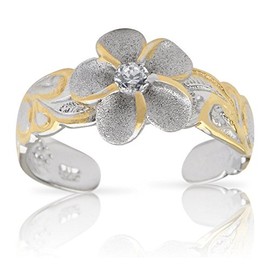 Hawaiian Sterling Silver Plumeria Flower Lab Created CZ Toe Ring Jewelry