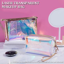 Holographic Makeup Bag, Transparent Toiletry Bag with Zipper and Portable Handle, Waterproof Cosmetic Bag for Beach, Small Makeup Organizer for Women and Girls Travel, a