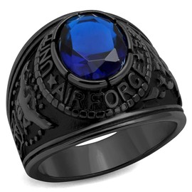 Eternal Sparkles Men's USA Air Force Military Patriotic Ring Blue Stone in Black Stainless Steel
