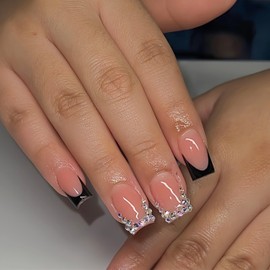 24Pcs Black French Tip Press on Nails Short Square Fake Nails with Silver Rhinestones Design Nude False Nails Glossy Full Cover Artificial Glue on Nail Reusable Stick on Nails for Women DIY Salon