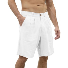 Men's Linen Casual Beach Shorts Cotton Classic Summer Shorts with Buttons Elastic Waist White