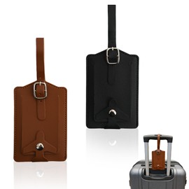 2 Pcs Luggage Tags, Leather Luggage Tags for Suitcases, Suitcase Labels, Travel Name Tag with Adjustable Strap, Handbag Suitcase Accessories Identifier for Preventing Loss, Black Brown