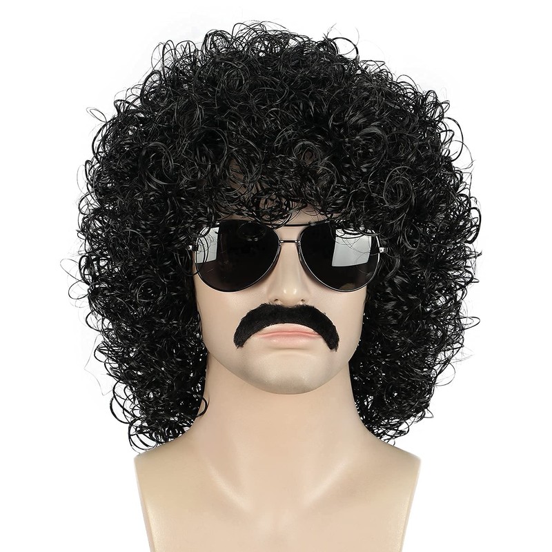 Yuehong Men Black Curly Fluffy Jumbo Afro Wig 70s 80s